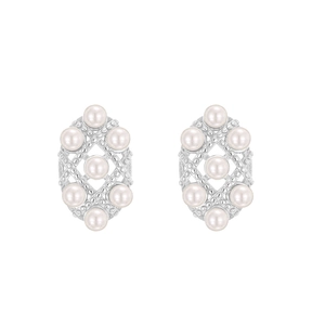 Elegant S925 silver lace earrings with hollow geometric patterns and synthetic pearls
