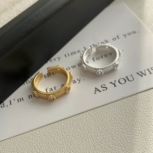 Vintage S925 sterling silver rings with brushed texture and zircon insets for women