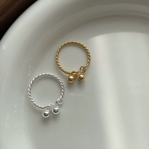 S925 Sterling Silver twist rings in gold and silver finish with double bell pendants