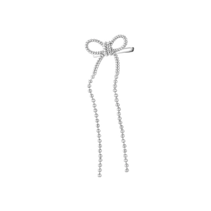 925 Sterling silver bow clip-on earrings with elegant beaded fringe tassels on white background