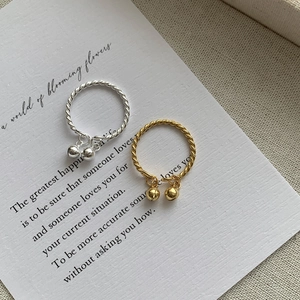 S925 Sterling Silver Double Bell Pendant Twist Rope Open Ring 18K Gold Plated Adjustable Geometric Finger Ring For Women Jewelry
