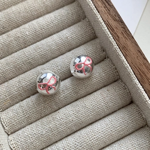 S925 Sterling Silver Heart Bow Stud Earrings Pink Enamel Round Ball Fine Polished Sweet Fashion Jewelry For Women Gift
