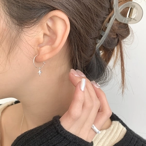 Minimalist S925 sterling silver hoop earrings with four-pointed star charm for women