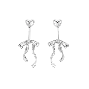 S925 sterling silver heart ribbon bow earrings with elegant flowing tassel design