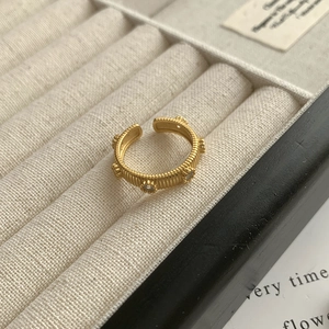 S925 Sterling Silver Ring For Women Vintage Ribbed Texture Adjustable Open Ring Gold Plated Rhinestone Inlaid Jewelry