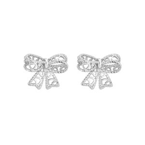 S925 sterling silver bow knot stud earrings with hollow heart pattern on white background