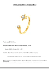 Détail d'une bague étoile ajustable en argent sterling S925 avec plaquage en or 18 carats