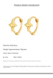 Detail showing 12mm S925 sterling silver star hoop earrings with 18k gold plating specs