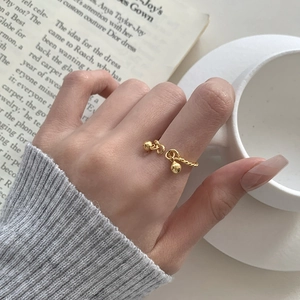 Adjustable S925 sterling silver twisted rope ring with twin golden bead charms