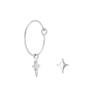 Asymmetric S925 sterling silver hoop earrings with polished four-pointed star pendants