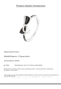 Detailed view of S925 sterling silver bow ring with black zircon insets and S925 hallmark
