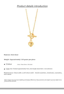 Detailed view of S925 sterling silver heart necklace with toggle clasp and dimensions