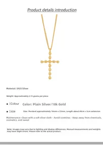Détail du collier pendentif croix en argent S925 doré 18 carats avec design perlé
