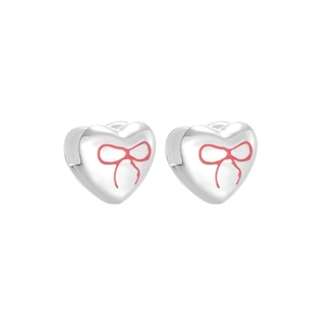 Pink bow heart earrings in S925 sterling silver with a polished finish for women