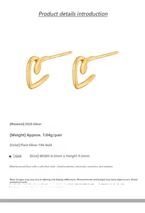 Detailed specs for S925 silver hollow heart studs measuring 8.5mm by 9.5mm