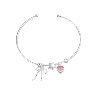S925 sterling silver bangle featuring pink heart gem, star, and bow charms
