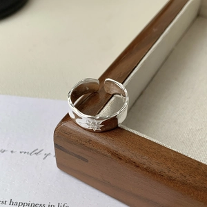 S925 sterling silver adjustable open ring featuring an engraved star with zircon inlay