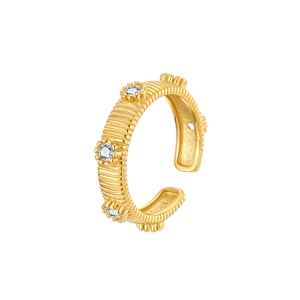 Vintage gold S925 silver ring with brushed texture and three white zircons on white backdrop