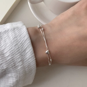 Minimalist double-layer S925 sterling silver heart bracelet with polished beads for women