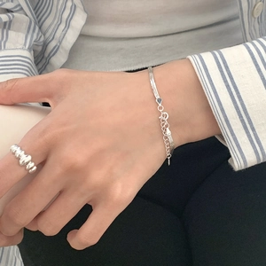 Three-layer S925 sterling silver snake chain bracelet and beaded ring set on hand