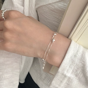 Minimalist S925 sterling silver double-layered bracelet with polished heart charms