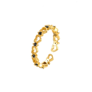 Vintage hollow heart ring in gold-plated S925 sterling silver with black cubic zirconia