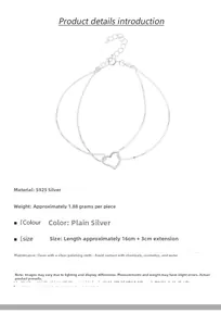 Detail of S925 sterling silver double-layer heart bracelet showing size and weight specs