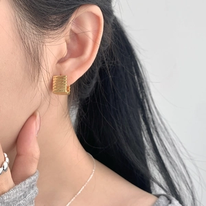 Minimalist S925 sterling silver geometric hollow gold earrings with textured stripe finish
