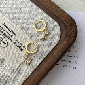 French minimalist S925 silver gold teddy bear huggie earrings with cubic zirconia