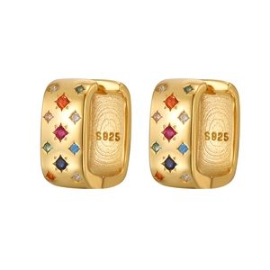 S925 silver gold-plated hoop earrings with star-set multicolored cubic zirconia stones