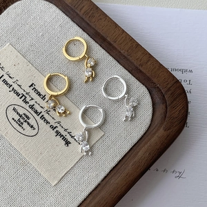 French Minimalist 925 Sterling Silver Bear Hoop Earrings For Women Rhinestone Animal Pendant Jewelry Gold Silver Accessory