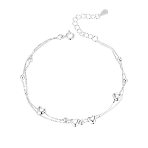 Double-layer S925 sterling silver beaded bracelet with dangling heart pendants for women