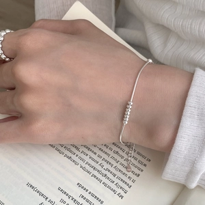 Minimalist S925 sterling silver snake chain bracelet with five polished beads and adjustable extender