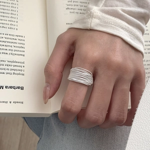 Detail of S925 sterling silver multilayer geometric ring on hand with a book background