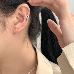 S925 sterling silver flower ear cuff with pearl petals and black crystal center