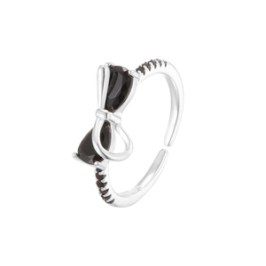 Elegant S925 sterling silver bow ring with black stones and adjustable opening band