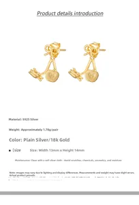 Detail of S925 silver bunny and bow earrings with 18k gold plating and dimensions
