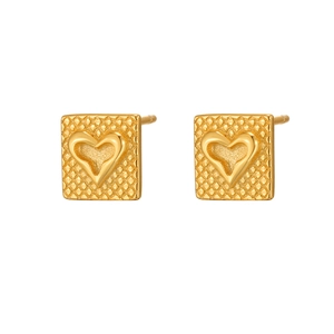 Elegant gold square heart stud earrings with geometric lattice texture for women