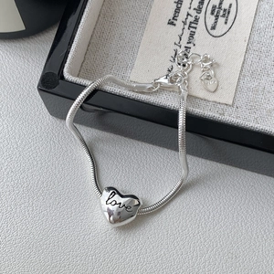 S925 Sterling Silver Heart Love Pendant Snake Chain Bracelet For Women Minimalist Elegant Polished Adjustable Hand Jewelry
