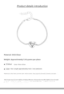 Macro detail of S925 sterling silver heart bracelet with snake chain and love engraving
