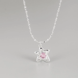 925 Sterling Silver Pink Zirconia Star Pendant Necklace For Women Sweet Korean Style Water Wave Chain Clavicle Necklace Jewelry