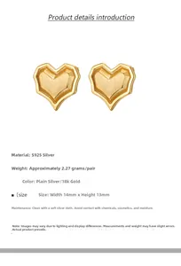 Macro detail of geometric heart studs in 18K gold finish with brushed texture