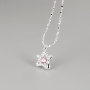 S925 silver star pendant necklace featuring a pink zircon stone on a sleek chain
