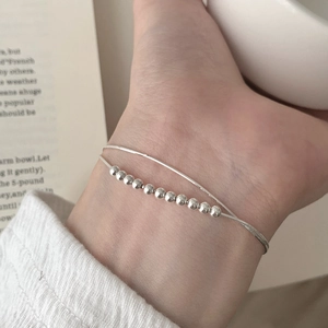 Elegant S925 sterling silver double-layer snake chain bracelet with small silver beads