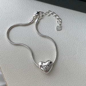 S925 sterling silver heart snake chain bracelet with engraved love pendant for women
