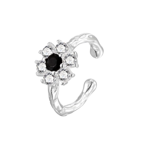 S925 sterling silver flower ear cuff with black stone and lava texture on white background