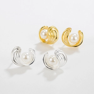 Boucles d'oreilles perles en argent S925 courbées élégantes en finitions dorée et argentée