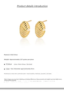 Detail specifications of ribbed shell-shaped S925 silver earrings in 18K gold finish