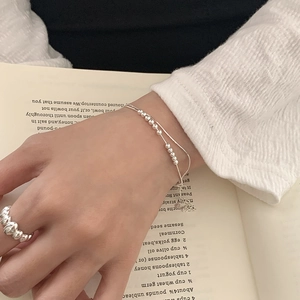 Double-layered 925 sterling silver bead bracelet and spiral ring set for women