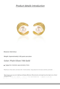 Détail de boucles d'oreilles perles en argent S925 dorées en forme de C, diamètre 10 mm